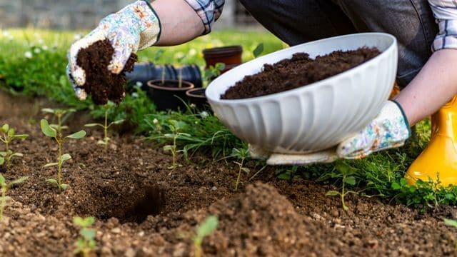 añadir compost en el suelo del jardín